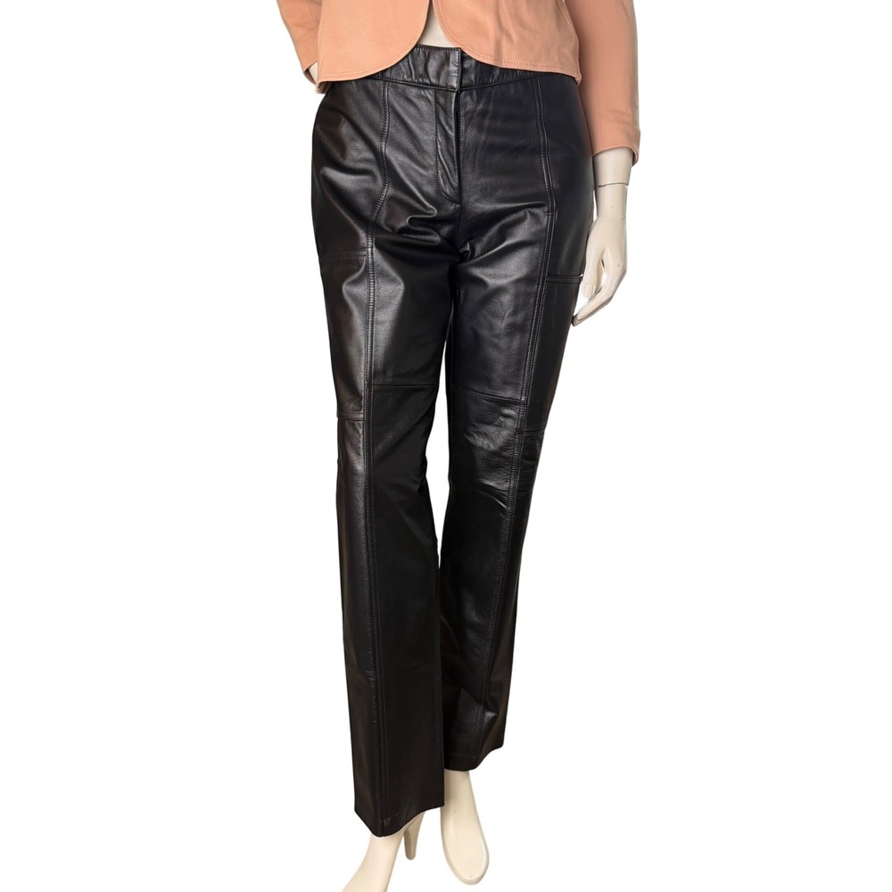 Danier Leather Pants Straight Leg Panelled Black Biker 90s Grunge Old Money 8/29 - Picture 2 of 16